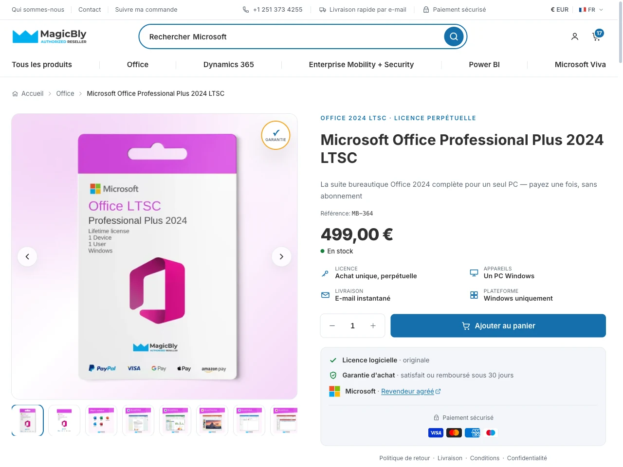 Preview of a MagicBly product page showing a genuine Microsoft licence